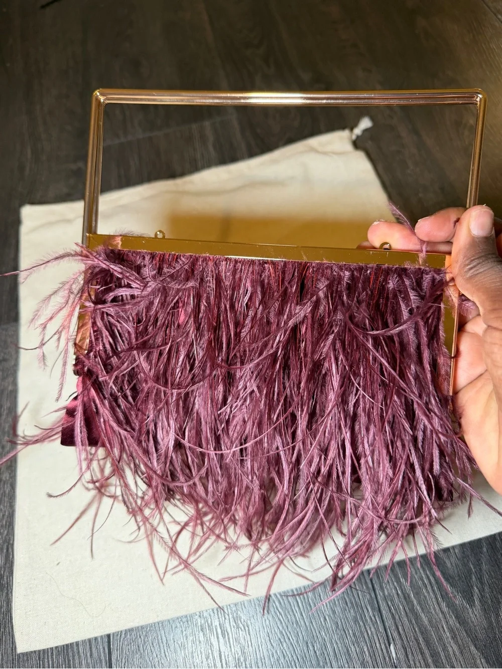 Zara Feather Fringe Evening Clutch in Plum with Gold Frame